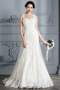 Robe de mariée naturel manche nulle col en forme de cœur de sirène de traîne moyenne