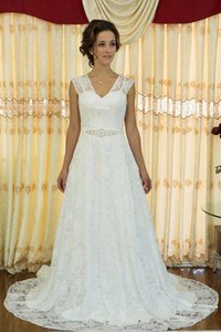 Robe de mariée naturel ligne a avec perle jusqu'au sol en dentelle