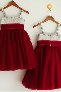 Robe de cortège enfant a-ligne de princesse jusqu'au mollet manche nulle avec perle