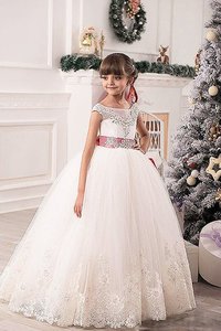 Robe de cortège enfant naturel en tulle ceinture de mode de bal avec sans manches