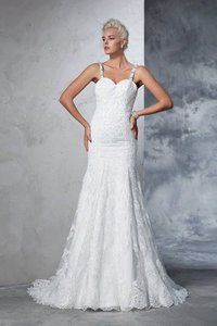 Robe de mariée naturel longue avec décoration dentelle bandouliere spaghetti avec zip