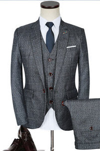 3 pièces veste + pantalon + gilet hommes marié plaid gris costumes