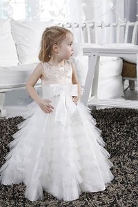 Robe de cortège enfant longue avec fleurs de princesse a-ligne encolure ronde