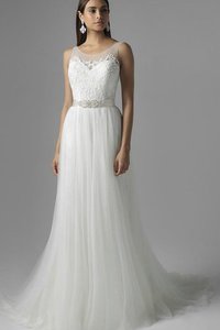 Robe de mariée naturel encolure ronde en tulle manche nulle decoration en fleur