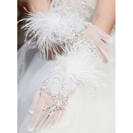 Joli organza avec crystal blanc gants de mariée de luxe