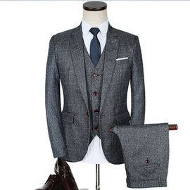 3 pièces veste + pantalon + gilet hommes marié plaid gris costumes