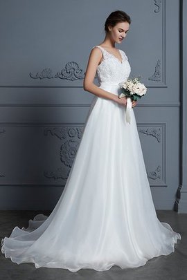 Robe de mariée de col en v passionnant avec chiffon longueur au ras du sol naturel