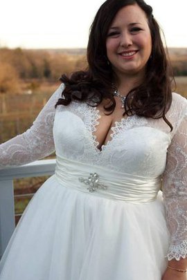 Robe de mariée avec décoration dentelle v encolure avec bouton en tulle ligne a