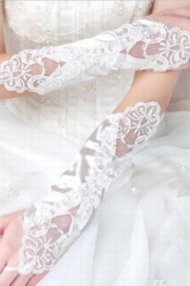 Pétillant satin blanc avec applications gants de mariée modestes - photo 2