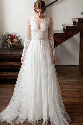 Robe de mariée plissage festonné en dentelle encolure ronde ligne a