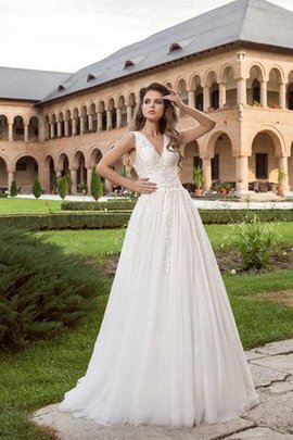 Robe de mariée en tulle manche nulle appliques de col en v longueur au ras du sol