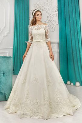 Robe de mariée en dentelle avec nœud d'epaule ajourée jusqu'au sol a-ligne