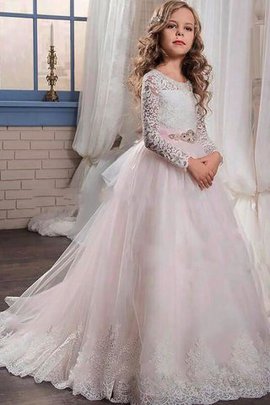 Robe de cortège enfant naturel avec manche longue avec fleurs en tulle de mode de bal