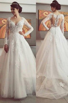 Robe de mariée naturel de mode de bal avec manche longue v encolure de traîne moyenne