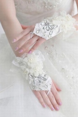 Satin perles ivoire gants de mariée de luxe frappant - photo 2