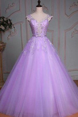 Robe de quinceanera avec fleurs de mode de bal en dentelle textile en tulle de col en v