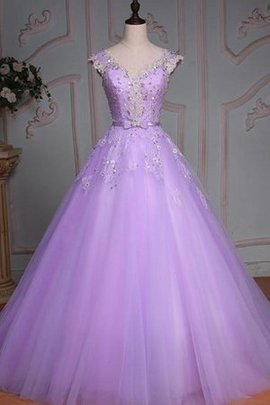 Robe de quinceanera avec fleurs de mode de bal en dentelle textile en tulle de col en v