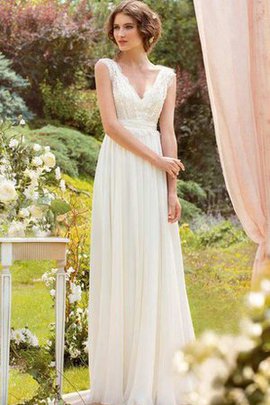 Robe de mariée plissé avec décoration dentelle v encolure avec chiffon avec ruban