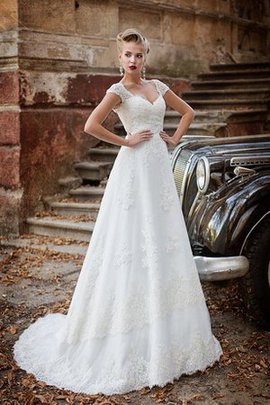 Robe de mariée eclaté de col en v appliques cordon avec décoration dentelle