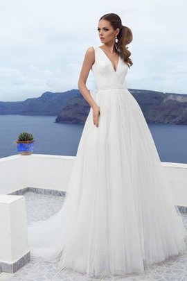 Robe de mariée jusqu'au sol textile en tulle v encolure avec ruban manche nulle