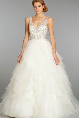 Robe de mariée naturel de traîne courte manche nulle en organza ruchés plongeants