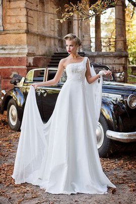 Robe de mariée d'épaule asymétrique avec chiffon gaine decoration en fleur avec lacets