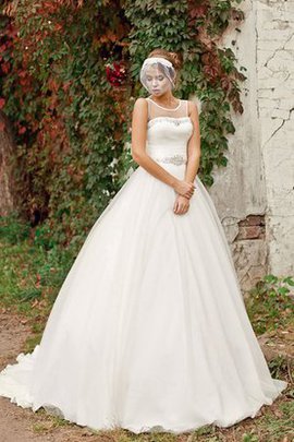 Robe de mariée naturel longue de mode de bal encolure ronde ruché