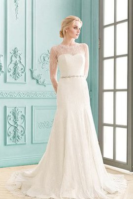 Robe de mariée modeste avec manche longue de traîne courte col en bateau avec cristal