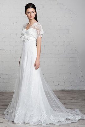 Robe de mariée simple de traîne courte v encolure avec ruban avec fleurs