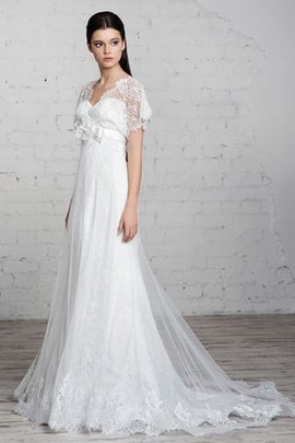 Robe de mariée simple de traîne courte v encolure avec ruban avec fleurs