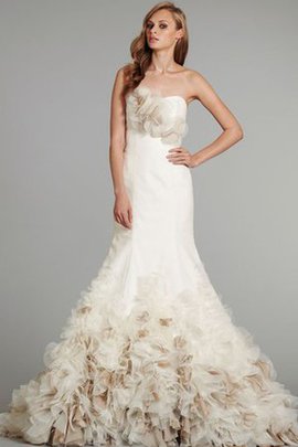 Robe de mariée naturel en organza ruchés longs en satin cordon