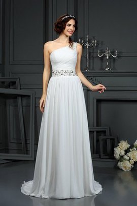 Robe de mariée longue naturel d'épaule asymétrique avec sans manches fermeutre eclair