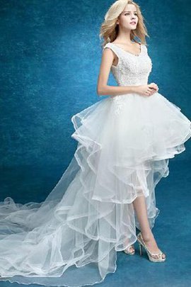 Robe de mariée sexy de traîne moyenne v encolure manche nulle en dentelle