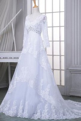 Robe de mariée naturel fermeutre eclair avec manche longue ligne a avec perle