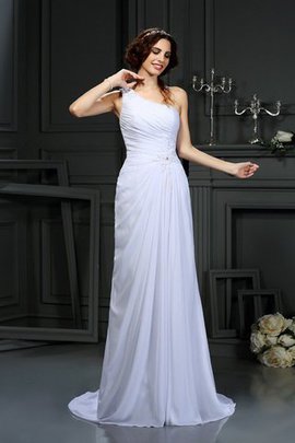 Robe de mariée longue naturel avec sans manches d'épaule asymétrique ligne a