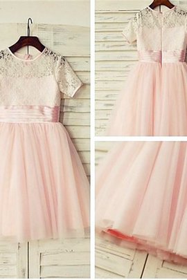 Robe de cortège enfant naturel au niveau de cou avec fleurs avec manche courte en tulle