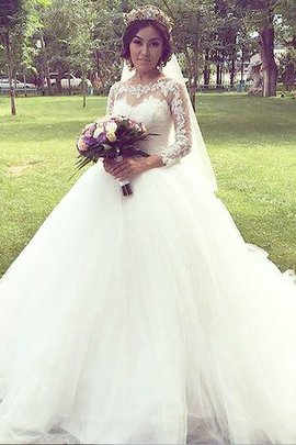 Robe de mariée naturel col en bateau avec manche longue textile en tulle de mode de bal