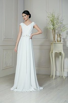 Robe de mariée facile jusqu'au sol de traîne courte avec manche courte col en v foncé