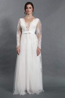 Robe de mariée avec manche longue avec ruban jusqu'au sol appliques col en v foncé