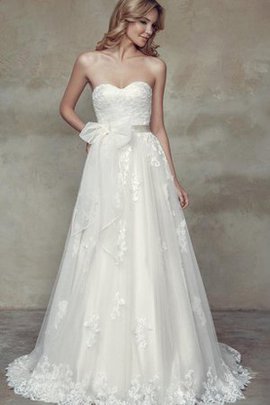 Robe de mariée naturel col en forme de cœur en dentelle a-ligne avec nœud à boucles