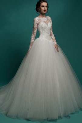 Robe de mariée plissage col ras du cou avec bouton jusqu'au sol ligne a