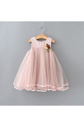 Robe de cortège enfant plissé de longueur à genou au niveau de cou de lotus en tulle