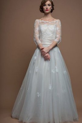 Robe de mariée de col bateau decoration en fleur en tulle ligne a en 3/4 manche