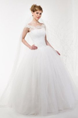 Robe de mariée naturel avec lacets avec manche courte col en bateau fermeutre eclair