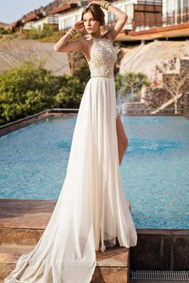 Robe de mariée informel avec chiffon manche nulle de col haut avec décoration dentelle