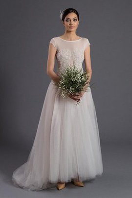 Robe de mariée naturel textile en tulle avec perle avec manche courte jusqu'au sol