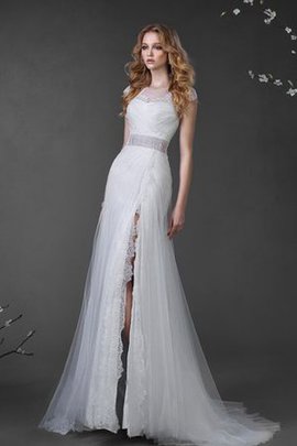 Robe de mariée naturel longue encolure ronde ouverture frontale avec perle