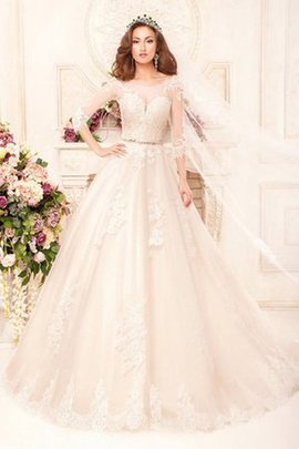 Robe de mariée longue avec manche 3/4 de traîne moyenne textile en tulle col u profond