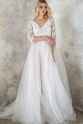 Robe de mariée avec bouton ligne a avec décoration dentelle v encolure avec perle