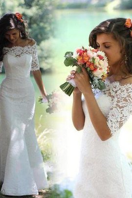 Robe de mariée naturel de sirène avec sans manches epaule nue avec décoration dentelle